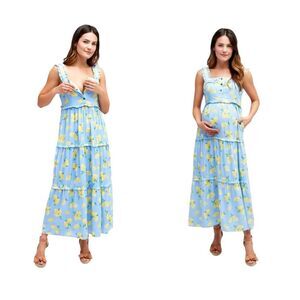 NOM Maternity Emma During And After Maxi Tank Dress Lemon Print Womens Large
